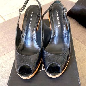 Via Spiga crocodile peep toe cork wedges
